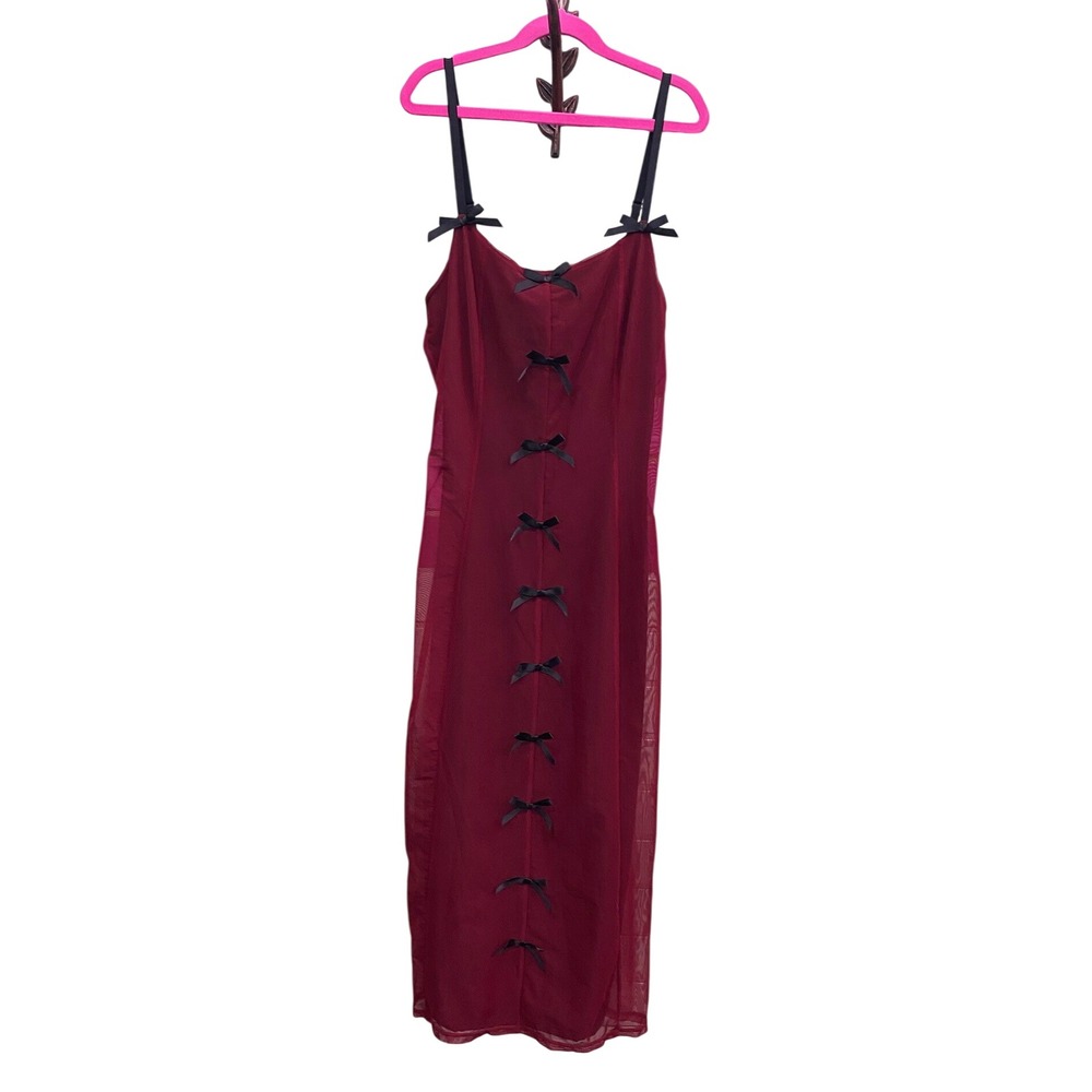 Forest Ink Burgundy Mesh Bow Midi Dress Womens Medium Goth Coquette Grunge Red
